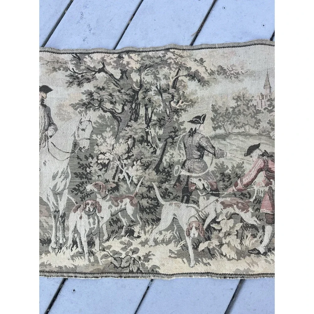 ANTIQUE WALL HANGING FRENCH AUBUSSON JACQUARD STYLE TAPESTRY HUNTING SCENE 53.5